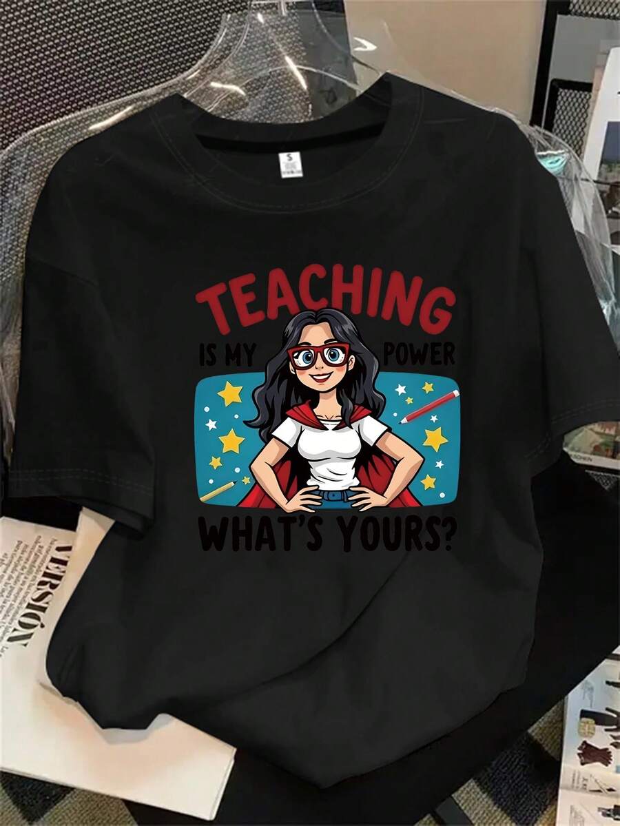 ¿Es mi derecho enseñar una camisa de manga corta con cuello redondo para mujer? ¿Qué te da derecho a enseñar? Camisa estampada de manga corta, apta para todas las estaciones. - Negro - Ver 1