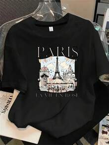 Top de mujer de manga corta y cuello redondo con estampado del logo parisino y la Torre Eiffel de fondo, apto para todas las estaciones. - Negro - Ver 1