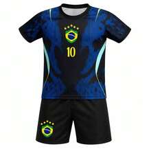 ! BRA5IL Blue And Black Shirt And Shorts Set, Men's Shirt With Team Badge - 巴西藍配黑色 - 8 - 查看 1