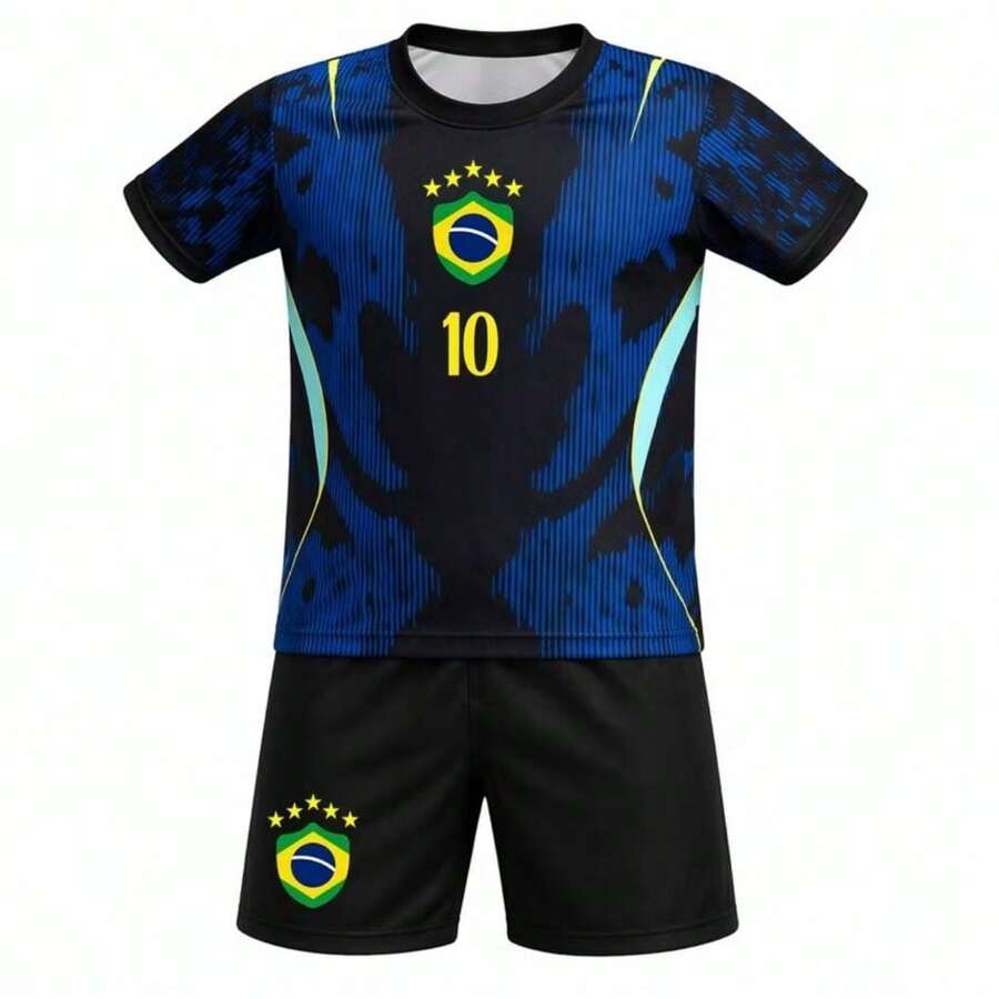 ! BRA5IL Blue And Black Shirt And Shorts Set, Men's Shirt With Team Badge - 巴西藍配黑色 - 8 - 查看 1