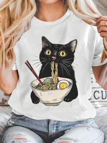 Plus Size Casual T-Shirt For Women With Cat Eating Noodles Print - Cute Anime Ramen Design, Soft And Breathable Fabric, Loose Fit, Crew Neck, Short Sleeve, Casual Clothing - 白色 - 查看 1