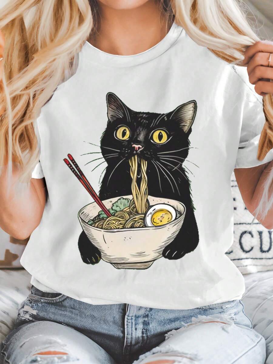 Plus Size Casual T-Shirt For Women With Cat Eating Noodles Print - Cute Anime Ramen Design, Soft And Breathable Fabric, Loose Fit, Crew Neck, Short Sleeve, Casual Clothing - 白色 - 查看 1