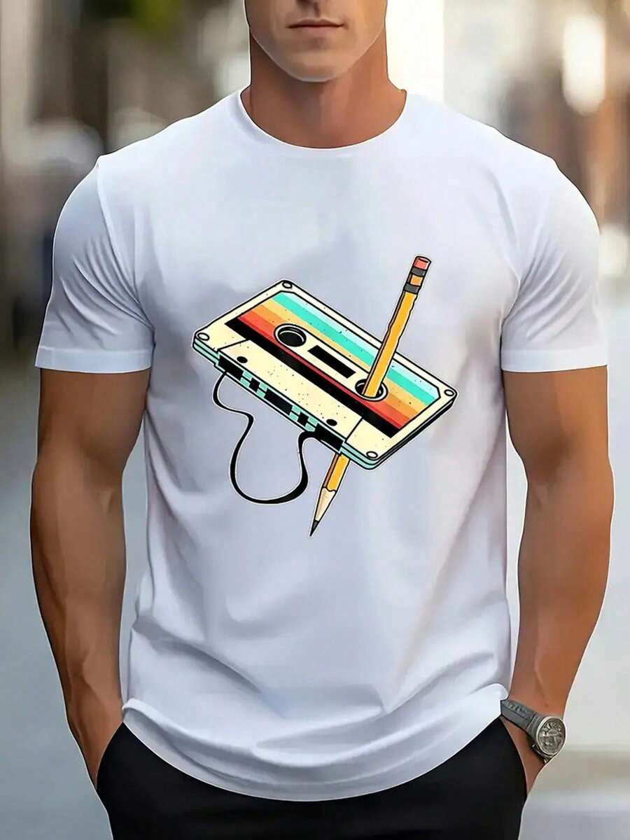 1 Piece, 100% Cotton, Retro Nostalgic 80s And 90s Musical Pattern Print T-Shirt, Men's Casual T-Shirt For The Current Season, Cotton Crew Neck T-Shirt - 黑色 - 查看 1