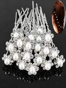 20pcs/Set Women's New Handmade Rhinestone Bridal Hair Accessories, Fork Hair Clips, U-Shaped Curly Hair Clips, Wedding Hair Clips, Daily Simple Versatile - 6+1 Diamond Pearl Model - View 1