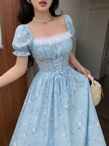 Elegant Long-Sleeved Dress With A Lace Collar And Fitted Hem, Featuring A Charming And Romantic Floral And Lace Design, Ideal For Holidays, Women's Dress - 藍色 - 查看 7