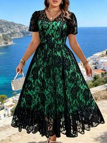 Plus Size Women's Long Dress, Elegant And Simple With Lace Details, Ideal For Holidays Or Parties, Belt Not Included - 灰藍色 - 查看 5