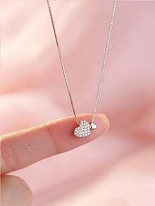 1pc S925 Sterling Silver Double Heart Pendant Necklace, Inlaid With Sparkling Synthetic Zirconia, Sweet And Cute Heart Design, Perfect For Birthday, Back To School, Valentine's Day Gift And Spring/Summer Collection - Love - View 4