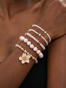 5pcs Sweet & Fresh Style Pink Beaded Bracelet Set With Flower Pendant Decor, Layered Bracelets For Women, Versatile For Daily, Commute And Date - Frangipani - View 7