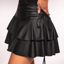 Minifalda con cintura elástica y cordón, con tela de PU recubierta, estilo casual y sexy, con volantes en el bajo, adecuada para uso diario, festivales de música, conciertos, fiestas de carnaval, citas, cumpleaños, fiestas de solteros, clubes, looks casuales lindos, compras, moda callejera, salidas, elegante, fácil de combinar, silueta favorecedora - Champán - Ver 6