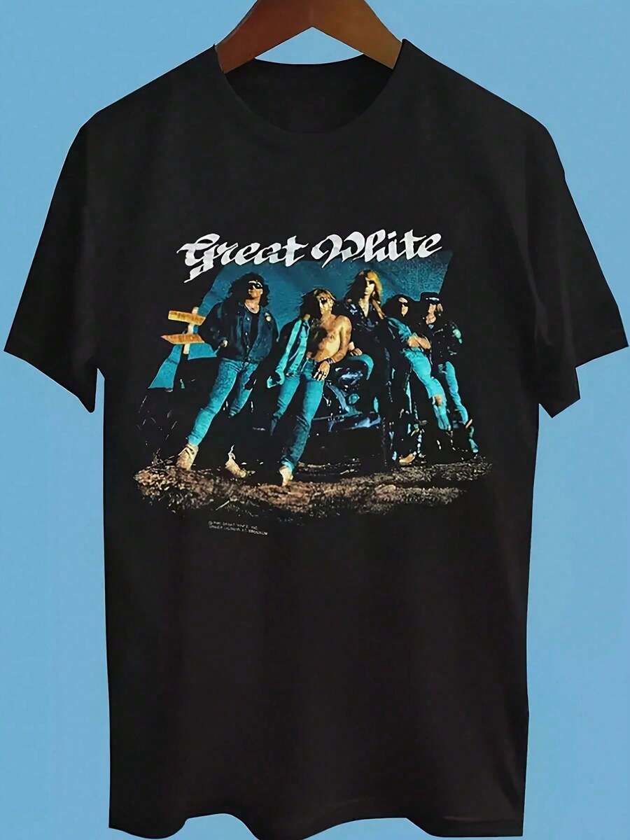 Camiseta Vintage de los 90 de la Banda Great White Band - Diseño Gráfico de Doble Cara con Miembros de Minknow y Lipsky, 100% Algodón Grueso, Corte Holgado, Camiseta Retro de Concierto para Uso Casual, Fiestas y Fanáticos de la Música (Lavable a Máquina, Comodidad para Todas las Temporadas) - Negro - Ver 1