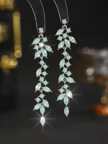 1 Pair Luxury Crystal Dangle Earrings, Rhinestone Tassel Leaf Pendant Earrings, Suitable For Bride Wedding Banquet Party - Light Green - View 4