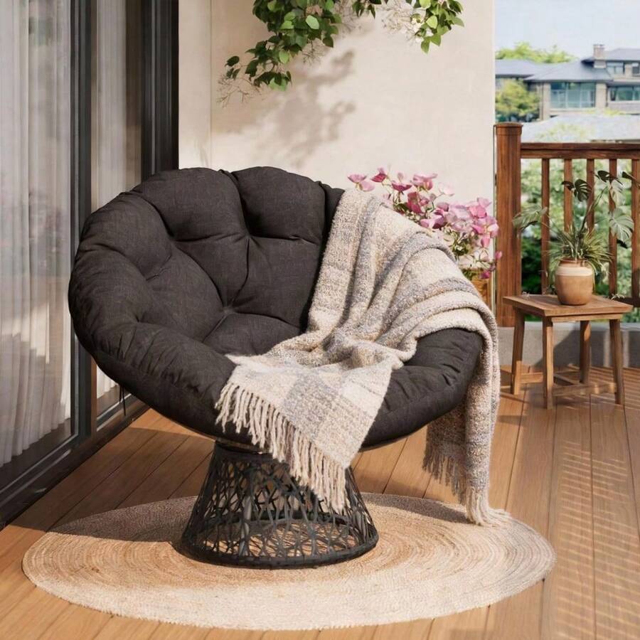 360° Drehbarer Papasan Sessel mit Fußhocker, Polyrattan Lounge-Sessel inkl. 6cm dickem Kissen, Wetterfester Gartenstuhl für Balkon & Indoor - Grau - Übersicht 1