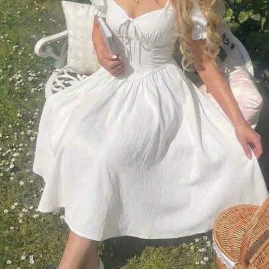 MOD Vestido midi elegante de manga corta para mujer con escote en forma de corazón retorcido AG - Blanco - Ver 1