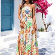 xuehuamaoyi02  Vestido holgado sin espalda con estampado romántico de vacaciones casuales de verano para mujer - Azul y blanco - Ver 8