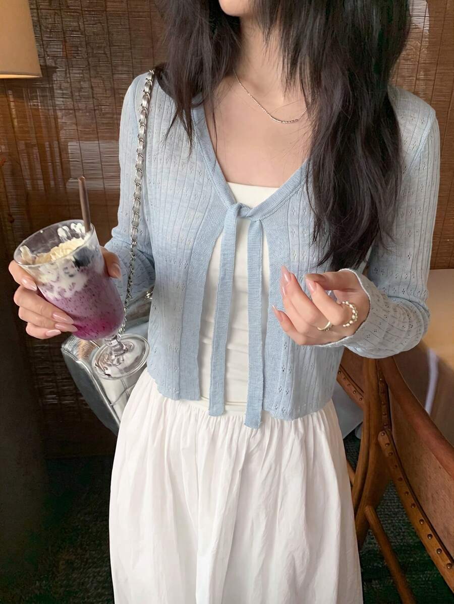輕量開襟衫 春夏新品 長袖 淺藍色 女款甜美針織短版前綁帶鏤空開襟衫 休閒上班約會度假街拍百搭 - 藍色 - 查看 1