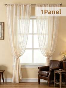 1 Panel Bohemian Lace Tassel Sheer Curtain, Rod Pocket Translucent Window Treatment, French Vintage Textured Cream Style Curtain, Suitable For Living Room And Bedroom, Combining Privacy Protection And Light Filtering Functions - Beige - View 2
