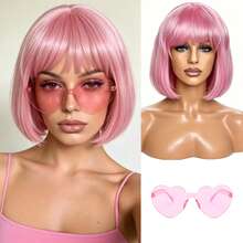 Cyberpunk Bob Wig & Glasses Set - 20+ Neon Colors With Adjustable Fringe | Multi-Tone Synthetic Hair For Cosplay, Rave, Halloween & Daily Bold Fashion (Hot Red/Lime Green/Orange/Light Pink/Plum Purple/Neon Blue/Neon Lilac/Golden Blonde/Black) - 淺粉色 - 查看 4