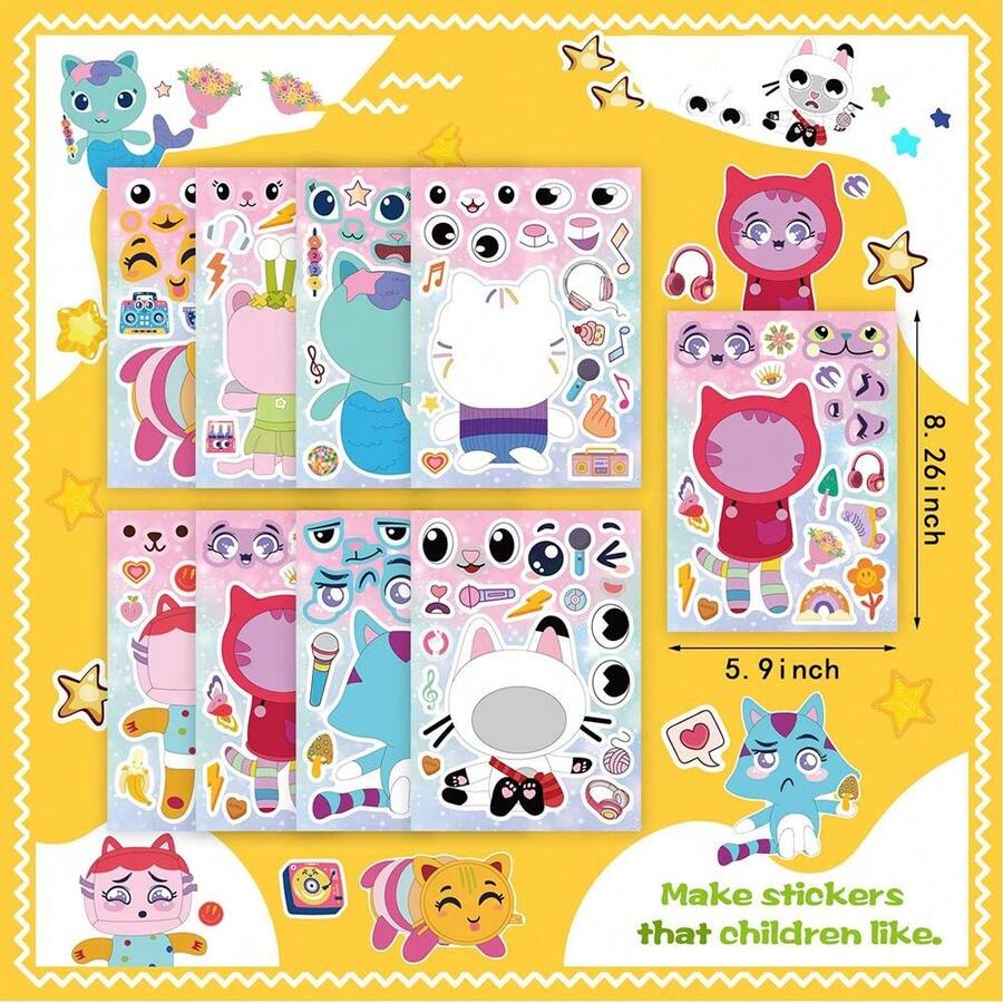 1套/8片 Gabby Dollhouse 拼圖貼紙 卡通動畫女孩愛貓 Gabby Panji Cat 拼貼，新年禮物、情人節禮物、復活節禮物[隨機款式] - 彩色 - 查看 1