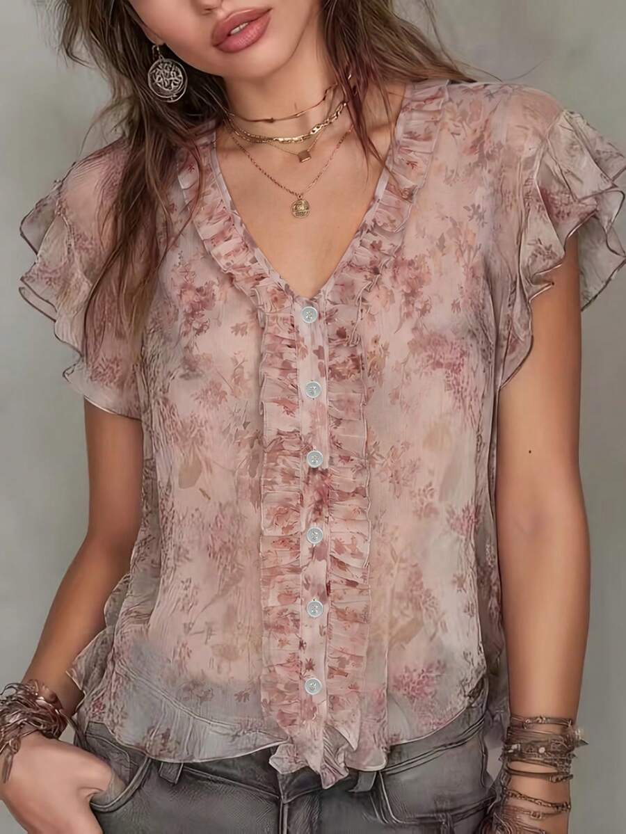 女款優雅花卉印花透視短袖V領襯衫,荷葉邊飾鈕扣前襟荷葉袖度假風 - 彩色 - 查看 1