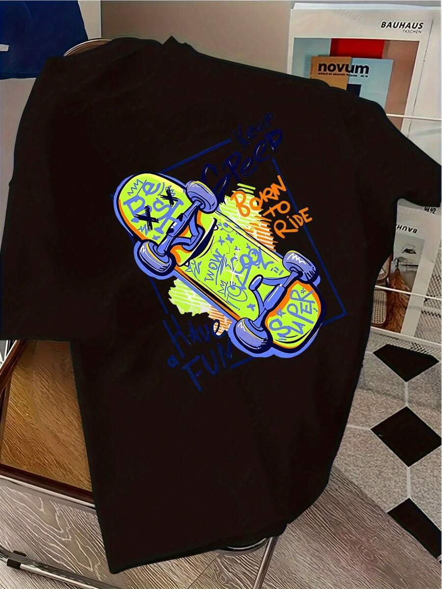 Camiseta de manga corta con estampado de skateboard, 95% algodón, estilo urbano, moderno, informal, deportivo, estilo. - Negro - Ver 1