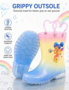 Girls Glitter Gradient Rain Boots, Waterproof Non Slip Jelly Boots With Heart Handles And Fairy Print For Toddlers Kids - Multicolor - View 2