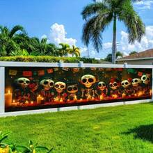1 Piece Of 2D Flat Design, With A Halloween Theme, Featuring A Row Of Skulls And Candle Patterns - Patterned Polyester Decorative Fence Banner Decoration, Outdoor Lawn And Wall Decoration, Party Supplies For Outdoor And Indoor Holiday Celebrations (1).PNG - A - View 6