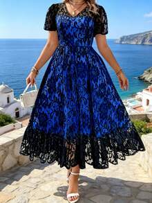 Plus Size Women's Long Dress, Elegant And Simple With Lace Details, Ideal For Holidays Or Parties, Belt Not Included - 象牙白色 - 查看 8
