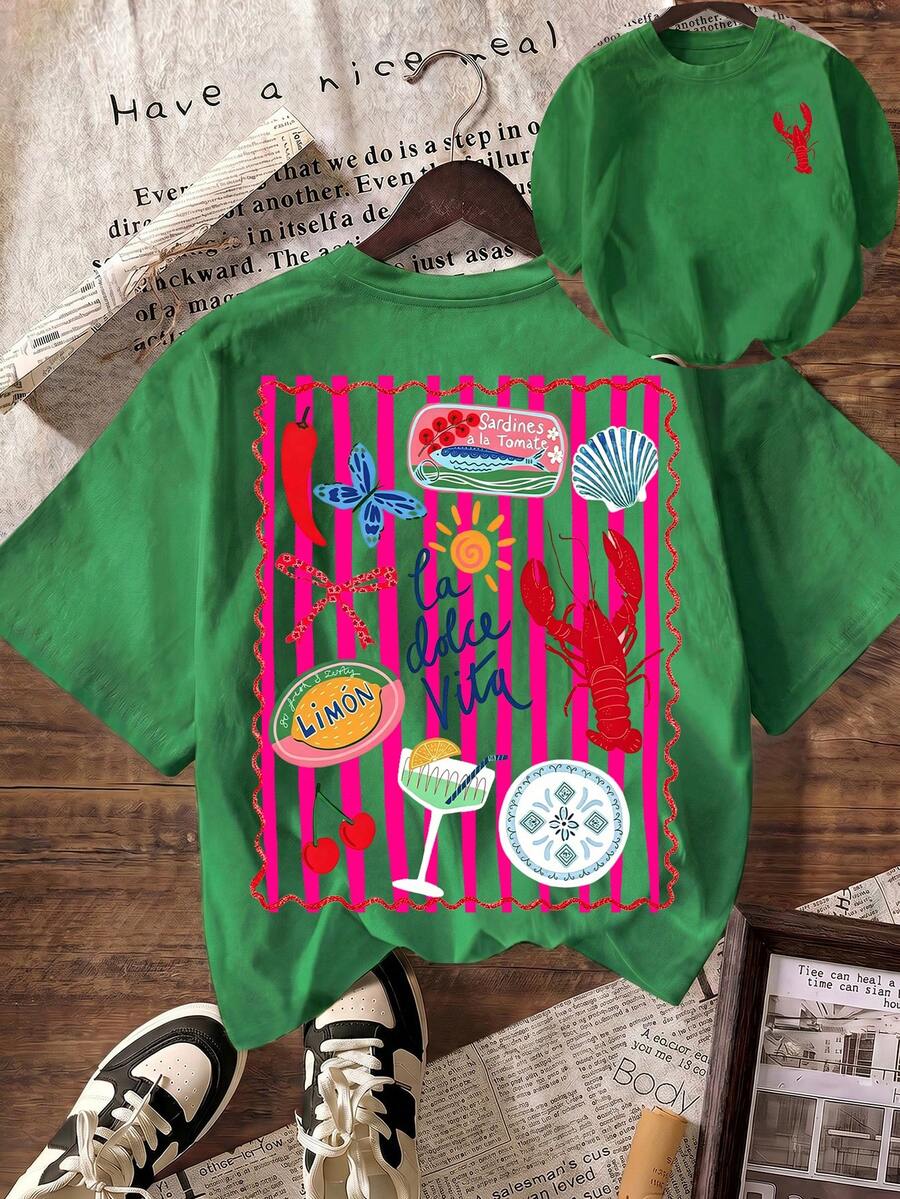 條紋龍蝦食物水果圖案女款夏季度假休閒圓領短袖簡約T恤 - 綠色 - 查看 1