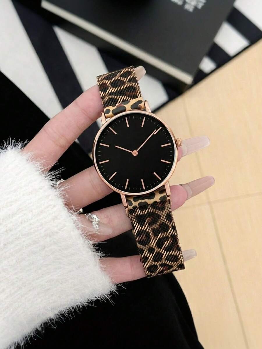 1件女款豹紋米蘭式磁吸不鏽鋼錶帶時尚石英手錶，極簡圓形黑色錶盤玫瑰金錶殼休閒腕錶，情人節禮物