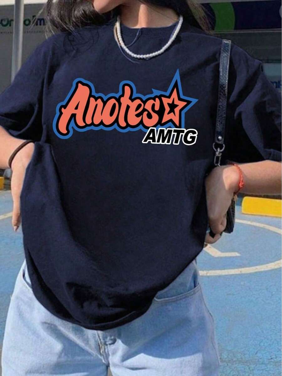 Plus-Size Women's T-Shirt With Printed Lettering And A Five-Pointed Star Pattern, Loose And Casual Fit. Plus-Size Clothing Sizes - 皇家藍 - 查看 1