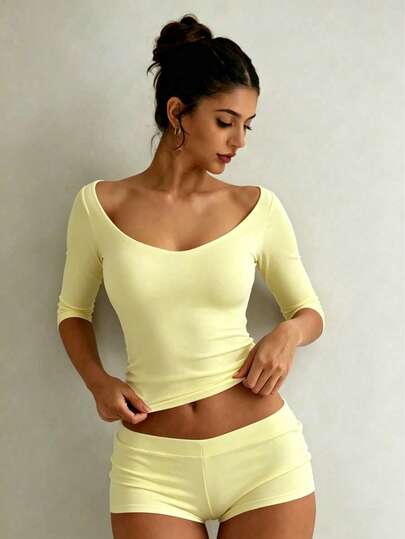 XLLAIS Sexy Sweetheart Neck Yoga Basic High Elasticity Naked Feel Short Sleeve Slim Fit Fitness Yellow Summer T-Shirt Top