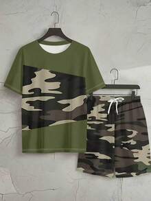 Men's 3D Numeric Print Round Neck Short Sleeve Set, Outdoor Cargo Style Style Camouflage Print Patchwork 2-Piece Outfit, Suitable For Fashionable Individuals Pursuing Personalized And Strength, Essential For Men In Summer - Multicolor - View 3