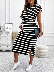 Parara Sleeveless Maternity Dress, Commuting Style, Elegant, Bodycon Summer - Black and White - View 9