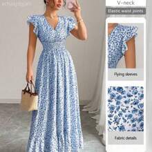 Nuevo vestido casual de vacaciones para mujer con mangas de campana, cintura ceñida, volantes en el bajo y estampado floral fruncido AG - Azul - Ver 1
