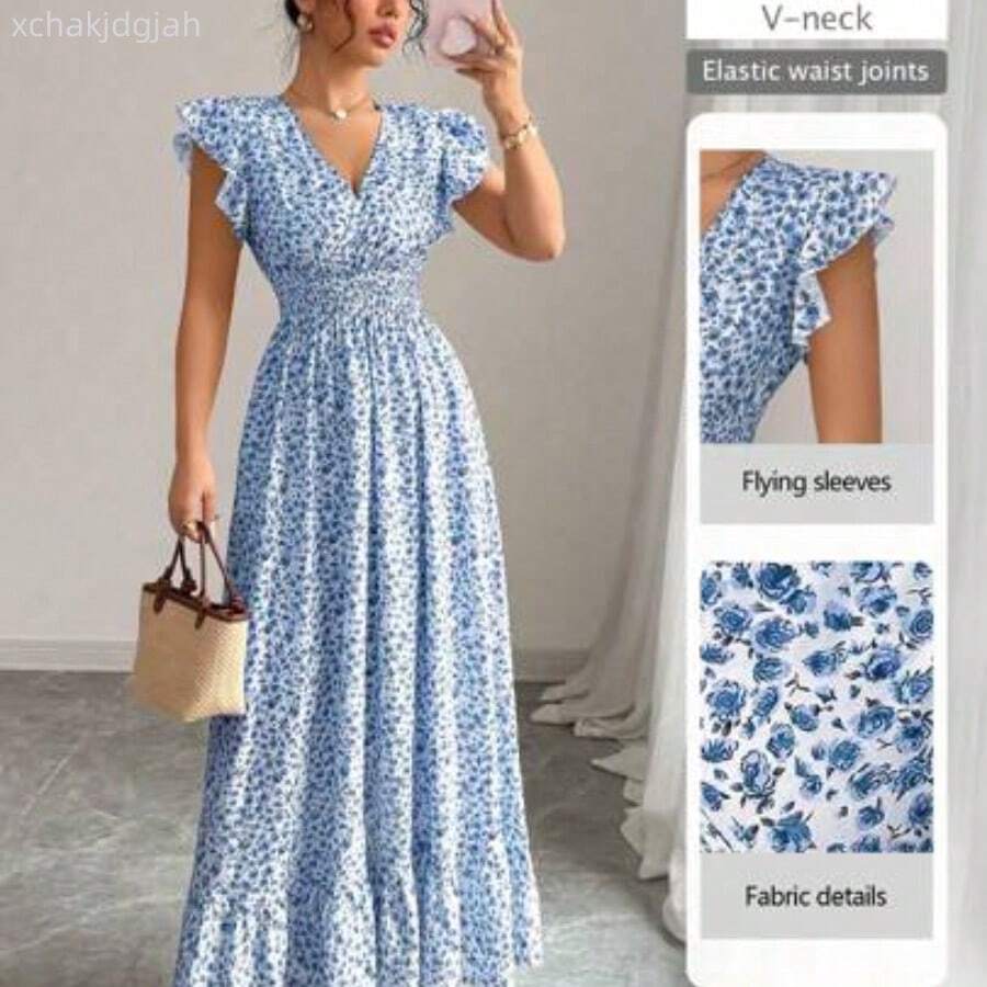 Nuevo vestido casual de vacaciones para mujer con mangas de campana, cintura ceñida, volantes en el bajo y estampado floral fruncido AG - Azul - Ver 1