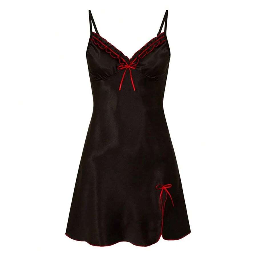 Ropa de dormir de encaje con tirantes para mujer, camisón Sexy con cuello en V, camisón Sexy con cordones y flores recortadas, ropa de dormir cómoda y sedosa - Negro - Ver 1