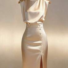 Vestido midi de satén dorado sin mangas con cintura ceñida y abertura AG - Champán - Ver 2