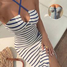 dahkjdgajy  Vestido de verano sexy, de estilo europeo y americano, para playa, fiesta y vacaciones, con escote de bandeau a rayas, cintura con lazo y silueta esbelta - Azul - Ver 2