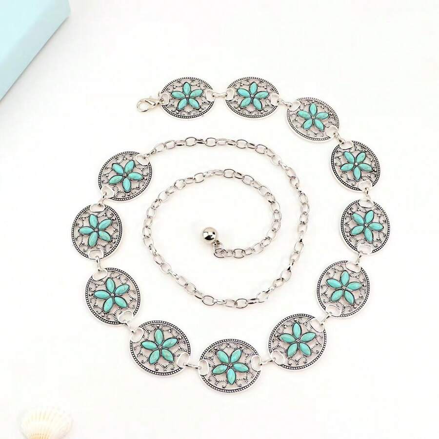1pc Adjustable Slim Waist Pink Turquoise Sunflower Vintage Silver Waist Chain, Western Cowboy Dress Accessory - Lake Blue Flower Shadow - View 1