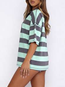 Womens Summer 2pcs Set Stripe Seam Detail Half Zip Oversize Tee Shorts Sweatsuits Casual Lounge Outfits With Pockets - 藍色 - 查看 3