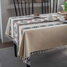 1PC Beige Geometric Retro Print Tablecloth With Tassel Edge, Rectangular Anti-Stain Dining Table Mat For Home Use - Multicolor - View 2