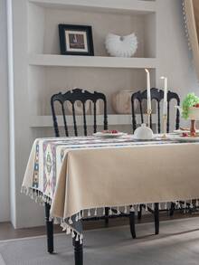 1PC Beige Geometric Retro Print Tablecloth With Tassel Edge, Rectangular Anti-Stain Dining Table Mat For Home Use - Multicolor - View 7