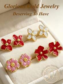 12pcs/6pairs Summer Gold Women's Earrings, Including Four-Petal Flower And Six-Petal Flower Designs, Suitable For Casual Vacation And Daily Wear, Elegant Earrings, Earring Set - Oil Dripping Kit - View 5
