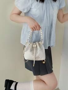 Fashionable Pearl Mini Bucket Bag - White - View 2