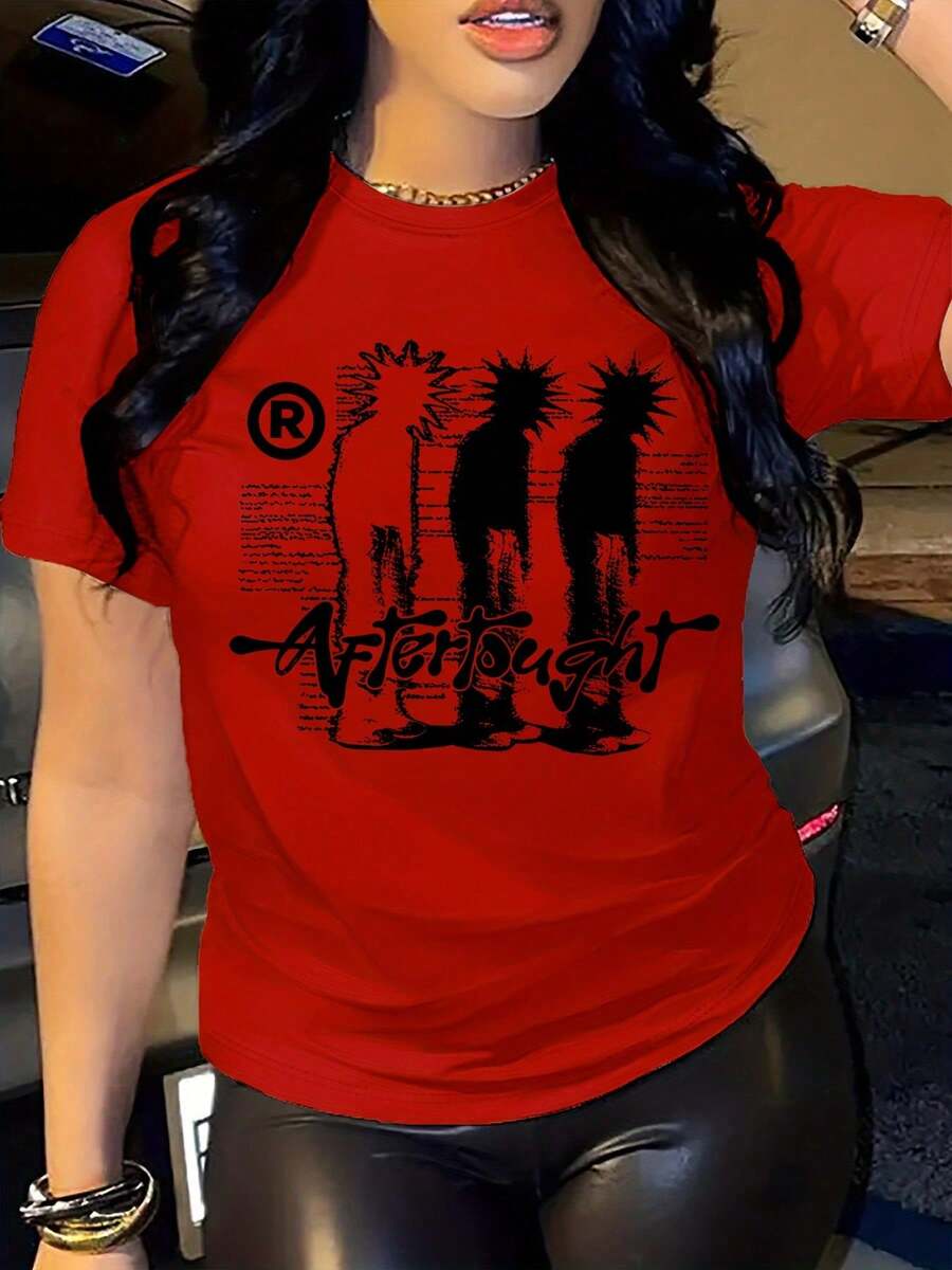 Women's Retro Hip Hop Portrait Print Short Sleeve T-Shirt, Loose Fit Retro Style Tee - 紅色 - 查看 1