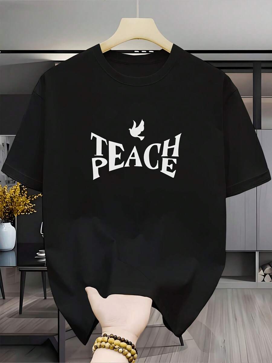 New Versatile And Stylish Casual Short-Sleeved 100% Cotton Printed T-Shirt - Men's Crew Neck T-Shirt With A Peace Statement Theme, Minimalist In Black And White, Essential For The Daily Outings Of Young Artists - Unisex Style. - 黑色 - 查看 1