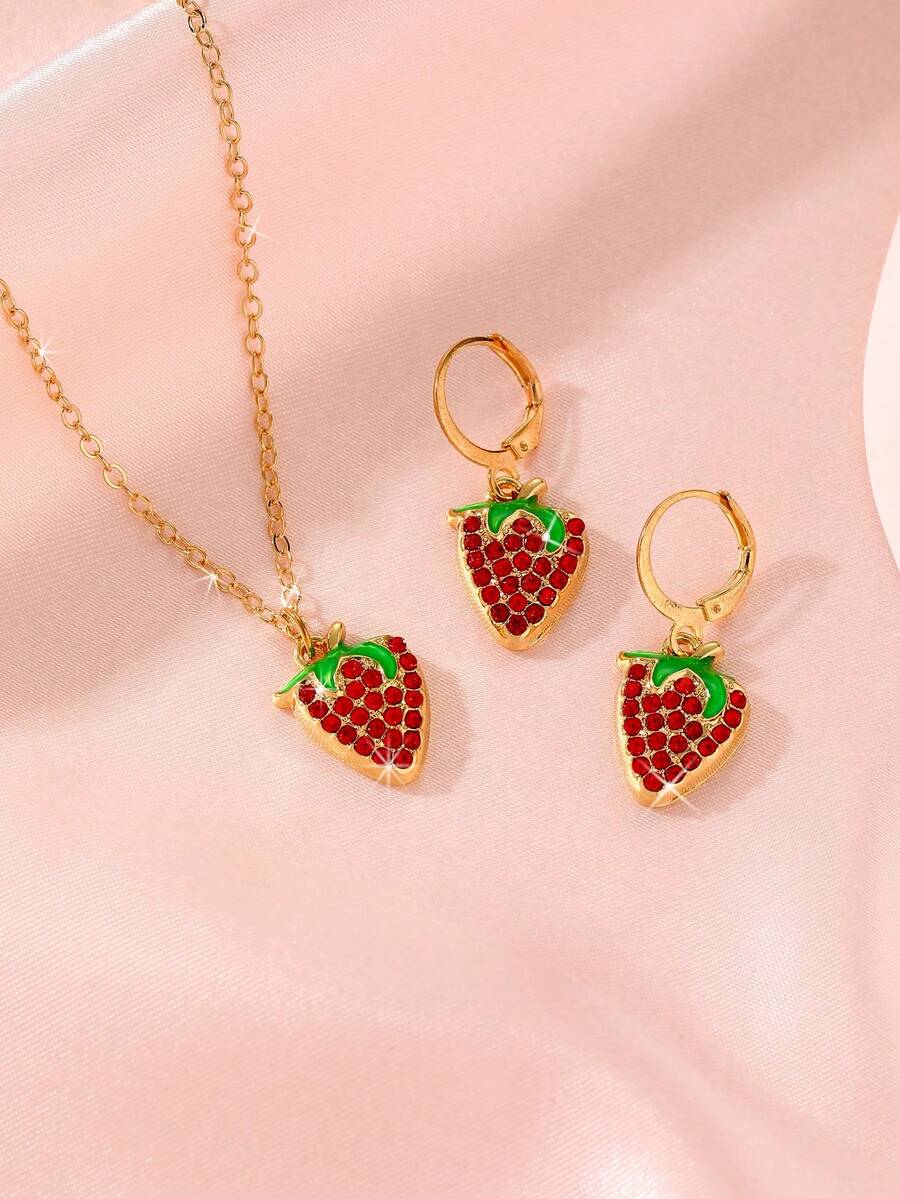 Bộ 3 món dây chuyền mặt dâu tây đính đá & bông tai cho bé gái, phù hợp trang trí hàng ngày - Vàng - Xem 1