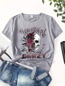 T-Shirt mit Totenkopf- und Buchstabendruck, lässiges Kurzarm-T-Shirt mit Rundhalsausschnitt, Damenbekleidung - Schwarz - Übersicht 8