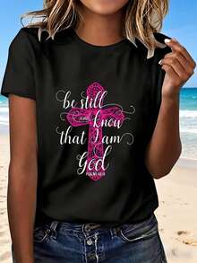Christian Cross T Shirt With Pink Floral Design And Bible Verse Psalm 46 10 Fashionable Religious Statement Top For Women Casual Wear Beach Outing Perfect Gift For Faithful Friends - 黑色 - 查看 12