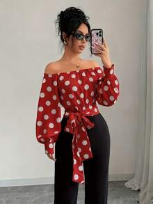 Elegant Women's Off-Shoulder Blouse With Polka Dots And Front Bow - Puff Sleeves, Round Neck, White, Machine Washable, Ideal For Casual Or Semi-Formal Wear In All Seasons - [紅色的] - 查看 2